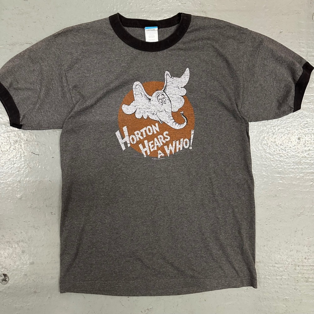 Dr. Seuss Mens Horton Hears A Who Ringer T-Shirt Large Gray Preowned Graphic